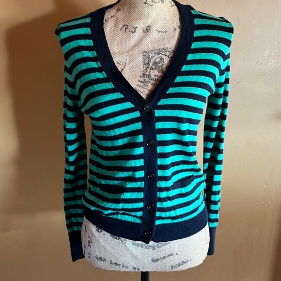 NWOT LOFT Petites Navy Blue Green Button Up Cardigan Size MP - Picture 1 of 6